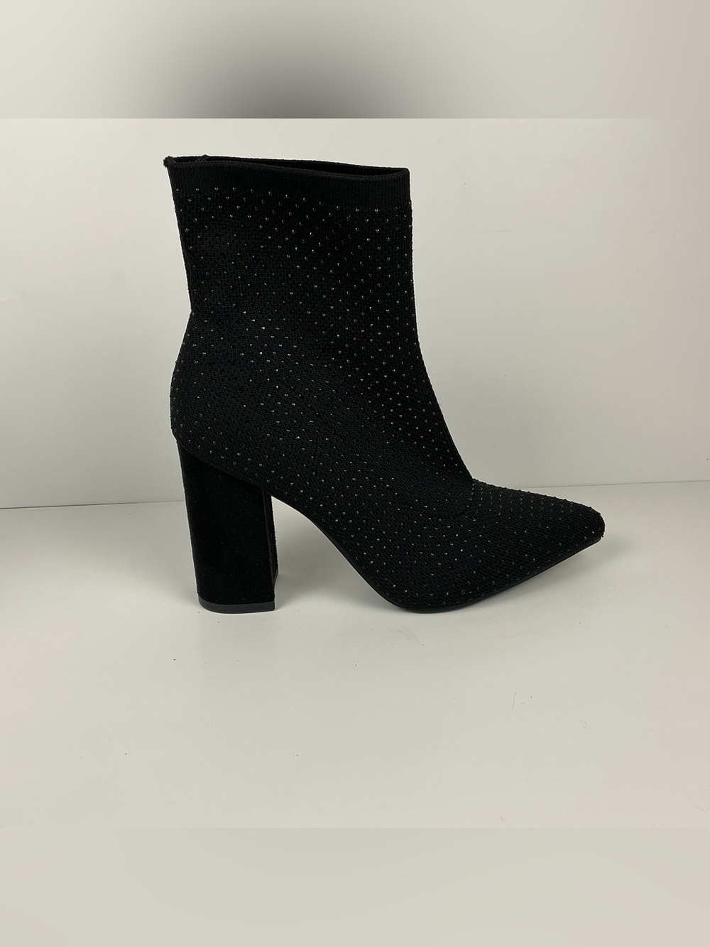 Black Rhinestone Sock Bootie with Block Heel Women MIA Size 8
